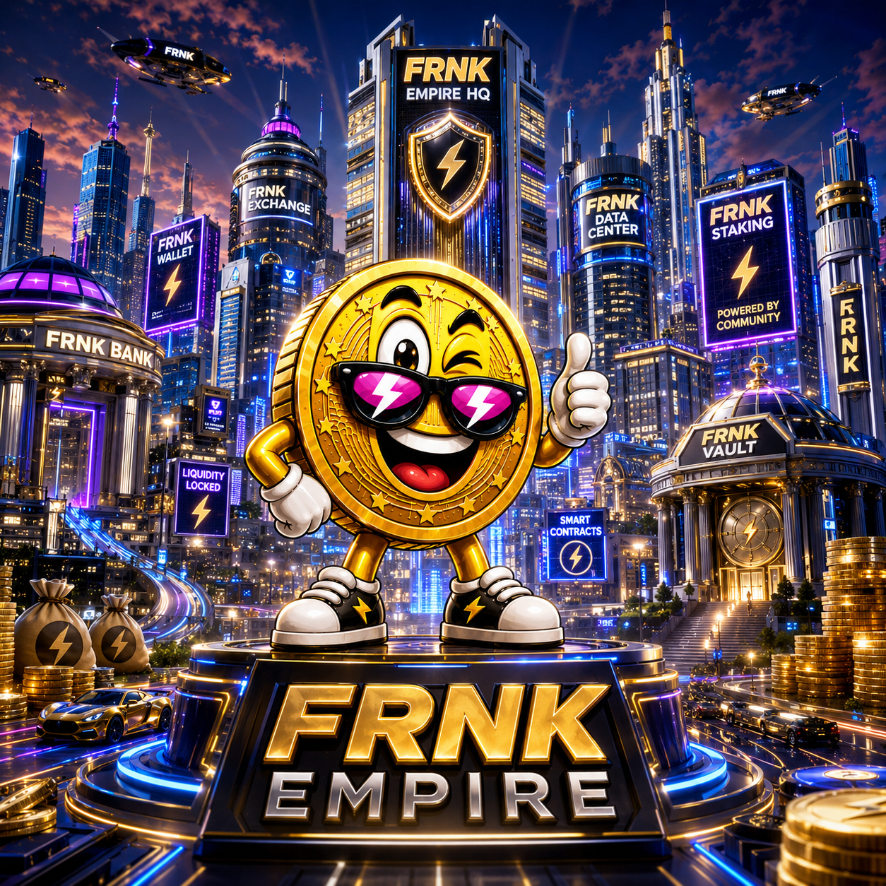 FRNK mascot standing in the futuristic FRNK ecosystem